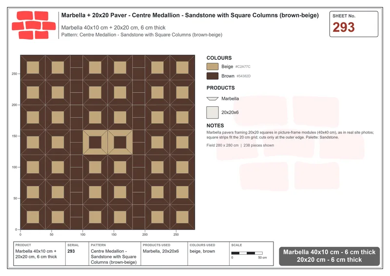 Interlock (Pasco) 40x10 cm · MAR-293 · Centre Medallion - Sandstone with Square Columns (brown-beige) · Laying plan Interlock (Pasco) 40x10 cm · MAR-293 · Centre Medallion - Sandstone with Square Columns (brown-beige) · Laying plan