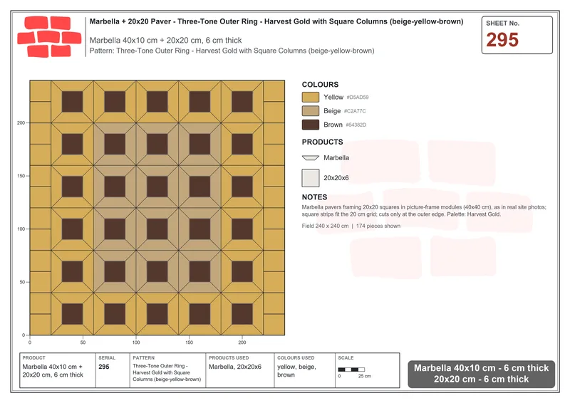 Interlock (Pasco) 40x10 cm · MAR-295 · Three-Tone Outer Ring - Harvest Gold with Square Columns (beige-yellow-brown) · Laying plan Interlock (Pasco) 40x10 cm · MAR-295 · Three-Tone Outer Ring - Harvest Gold with Square Columns (beige-yellow-brown) · Laying plan