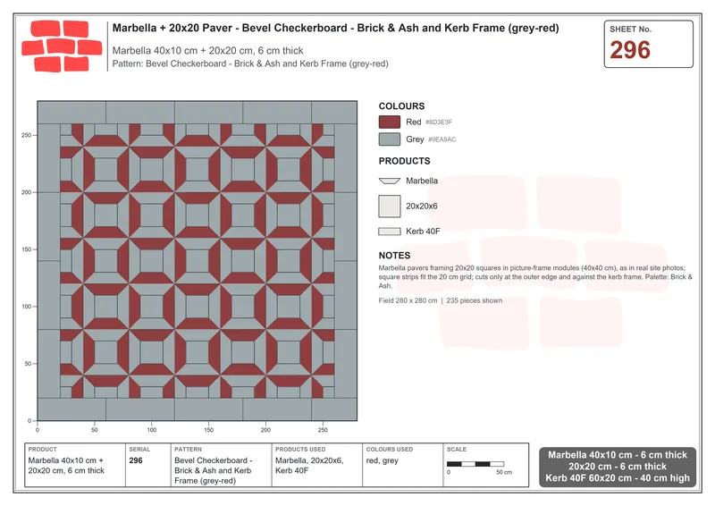 Interlock (Pasco) 40x10 cm · MAR-296 · Bevel Checkerboard - Brick & Ash and Kerb Frame (grey-red) · Laying plan Interlock (Pasco) 40x10 cm · MAR-296 · Bevel Checkerboard - Brick & Ash and Kerb Frame (grey-red) · Laying plan
