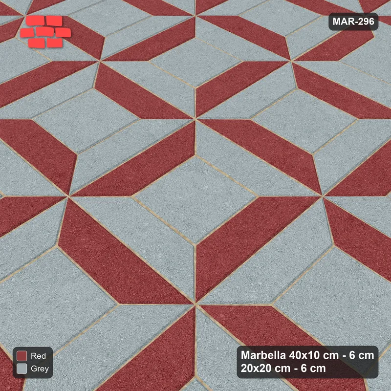 Interlock (Pasco) 40x10 cm · MAR-296 · Bevel Checkerboard - Brick & Ash and Kerb Frame (grey-red) · Side view Interlock (Pasco) 40x10 cm · MAR-296 · Bevel Checkerboard - Brick & Ash and Kerb Frame (grey-red) · Side view