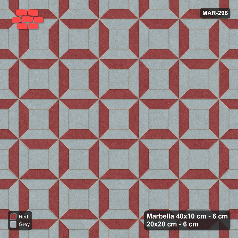 Interlock (Pasco) 40x10 cm · MAR-296 · Bevel Checkerboard - Brick & Ash and Kerb Frame (grey-red) · Top view Interlock (Pasco) 40x10 cm · MAR-296 · Bevel Checkerboard - Brick & Ash and Kerb Frame (grey-red) · Top view