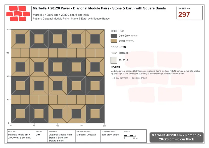 Interlock (Pasco) 40x10 cm · MAR-297 · Diagonal Module Pairs - Stone & Earth with Square Bands · Laying plan Interlock (Pasco) 40x10 cm · MAR-297 · Diagonal Module Pairs - Stone & Earth with Square Bands · Laying plan