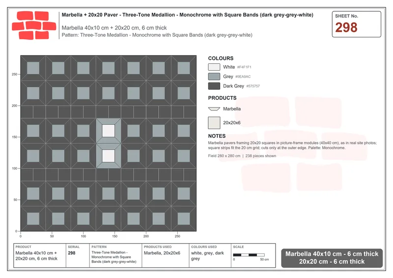 Interlock (Pasco) 40x10 cm · MAR-298 · Three-Tone Medallion - Monochrome with Square Bands (dark grey-grey-white) · Laying plan Interlock (Pasco) 40x10 cm · MAR-298 · Three-Tone Medallion - Monochrome with Square Bands (dark grey-grey-white) · Laying plan