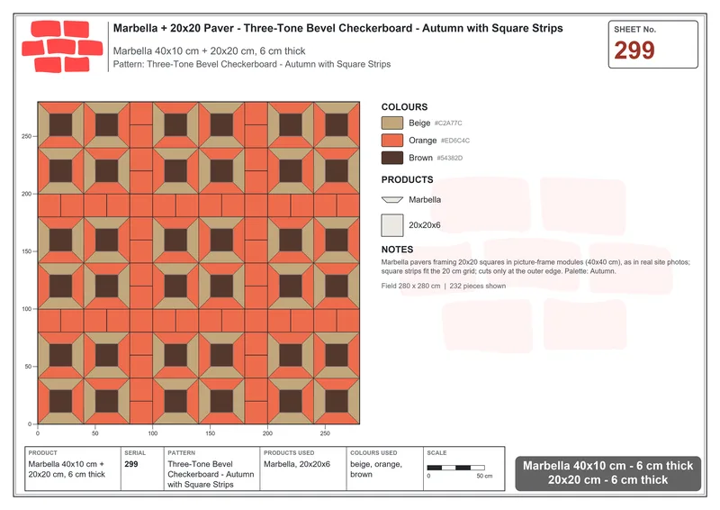 Interlock (Pasco) 40x10 cm · MAR-299 · Three-Tone Bevel Checkerboard - Autumn with Square Strips · Laying plan Interlock (Pasco) 40x10 cm · MAR-299 · Three-Tone Bevel Checkerboard - Autumn with Square Strips · Laying plan