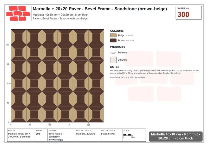 Interlock (Pasco) 40x10 cm · MAR-300 · Bevel Frame - Sandstone (brown-beige) · Laying plan Interlock (Pasco) 40x10 cm · MAR-300 · Bevel Frame - Sandstone (brown-beige) · Laying plan