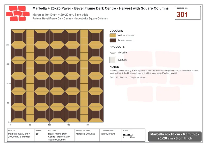 Interlock (Pasco) 40x10 cm · MAR-301 · Bevel Frame Dark Centre - Harvest with Square Columns · Laying plan Interlock (Pasco) 40x10 cm · MAR-301 · Bevel Frame Dark Centre - Harvest with Square Columns · Laying plan