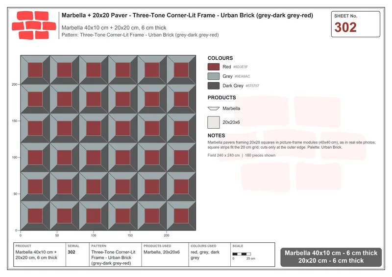 Interlock (Pasco) 40x10 cm · MAR-302 · Three-Tone Corner-Lit Frame - Urban Brick (grey-dark grey-red) · Laying plan Interlock (Pasco) 40x10 cm · MAR-302 · Three-Tone Corner-Lit Frame - Urban Brick (grey-dark grey-red) · Laying plan
