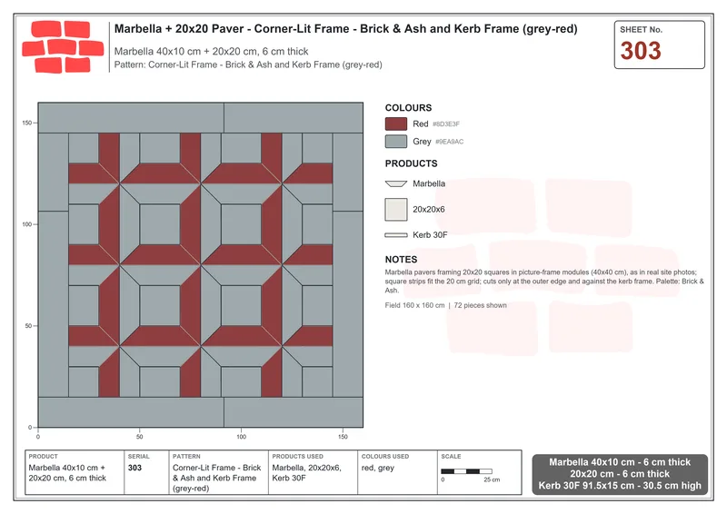 Interlock (Pasco) 40x10 cm · MAR-303 · Corner-Lit Frame - Brick & Ash and Kerb Frame (grey-red) · Laying plan Interlock (Pasco) 40x10 cm · MAR-303 · Corner-Lit Frame - Brick & Ash and Kerb Frame (grey-red) · Laying plan