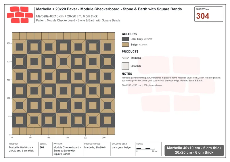 Interlock (Pasco) 40x10 cm · MAR-304 · Module Checkerboard - Stone & Earth with Square Bands · Laying plan Interlock (Pasco) 40x10 cm · MAR-304 · Module Checkerboard - Stone & Earth with Square Bands · Laying plan