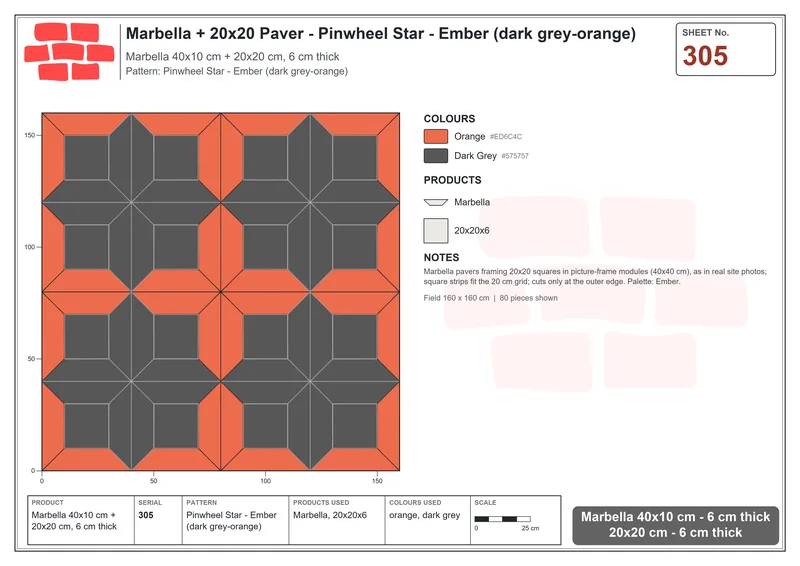 Interlock (Pasco) 40x10 cm · MAR-305 · Pinwheel Star - Ember (dark grey-orange) · Laying plan Interlock (Pasco) 40x10 cm · MAR-305 · Pinwheel Star - Ember (dark grey-orange) · Laying plan