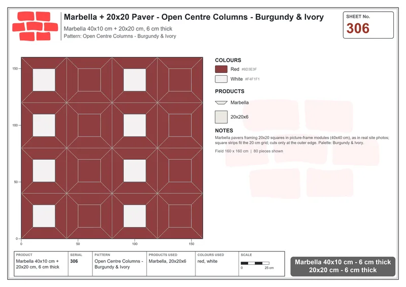 Interlock (Pasco) 40x10 cm · MAR-306 · Open Centre Columns - Burgundy & Ivory · Laying plan Interlock (Pasco) 40x10 cm · MAR-306 · Open Centre Columns - Burgundy & Ivory · Laying plan