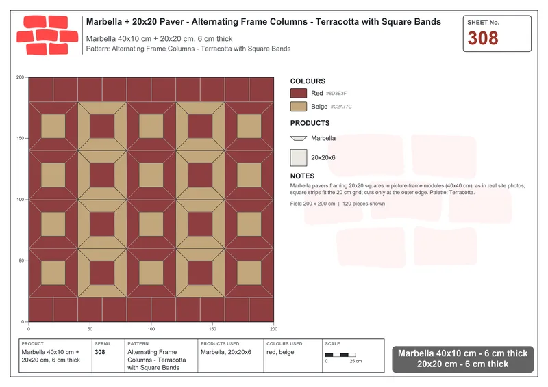 Interlock (Pasco) 40x10 cm · MAR-308 · Alternating Frame Columns - Terracotta with Square Bands · Laying plan Interlock (Pasco) 40x10 cm · MAR-308 · Alternating Frame Columns - Terracotta with Square Bands · Laying plan