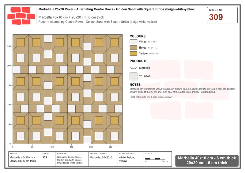Interlock (Pasco) 40x10 cm · MAR-309 · Alternating Centre Rows - Golden Sand with Square Strips (beige-white-yellow) · Laying plan Interlock (Pasco) 40x10 cm · MAR-309 · Alternating Centre Rows - Golden Sand with Square Strips (beige-white-yellow) · Laying plan