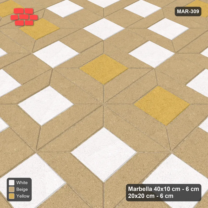 Interlock (Pasco) 40x10 cm · MAR-309 · Alternating Centre Rows - Golden Sand with Square Strips (beige-white-yellow) · Side view Interlock (Pasco) 40x10 cm · MAR-309 · Alternating Centre Rows - Golden Sand with Square Strips (beige-white-yellow) · Side view