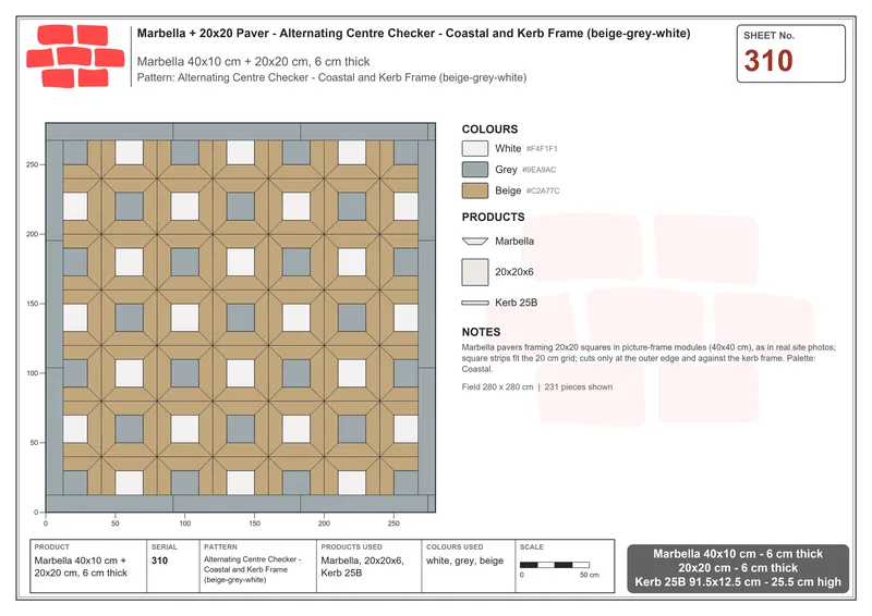 Interlock (Pasco) 40x10 cm · MAR-310 · Alternating Centre Checker - Coastal and Kerb Frame (beige-grey-white) · Laying plan Interlock (Pasco) 40x10 cm · MAR-310 · Alternating Centre Checker - Coastal and Kerb Frame (beige-grey-white) · Laying plan