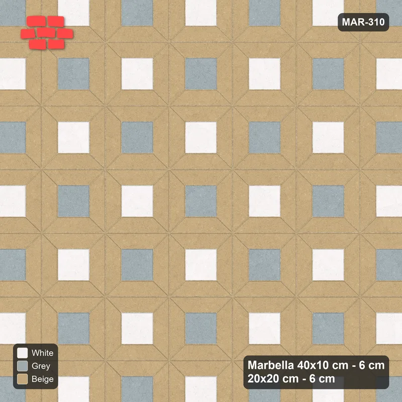 Interlock (Pasco) 40x10 cm · MAR-310 · Alternating Centre Checker - Coastal and Kerb Frame (beige-grey-white) · Top view Interlock (Pasco) 40x10 cm · MAR-310 · Alternating Centre Checker - Coastal and Kerb Frame (beige-grey-white) · Top view