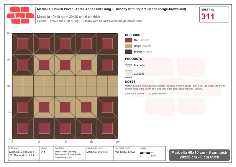 Interlock (Pasco) 40x10 cm · MAR-311 · Three-Tone Outer Ring - Tuscany with Square Bands (beige-brown-red) · Laying plan Interlock (Pasco) 40x10 cm · MAR-311 · Three-Tone Outer Ring - Tuscany with Square Bands (beige-brown-red) · Laying plan