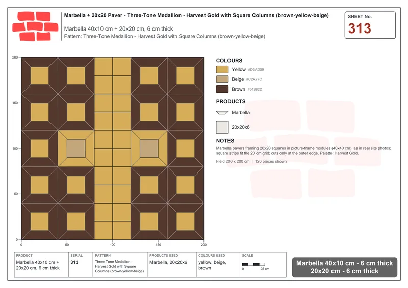 Interlock (Pasco) 40x10 cm · MAR-313 · Three-Tone Medallion - Harvest Gold with Square Columns (brown-yellow-beige) · Laying plan Interlock (Pasco) 40x10 cm · MAR-313 · Three-Tone Medallion - Harvest Gold with Square Columns (brown-yellow-beige) · Laying plan