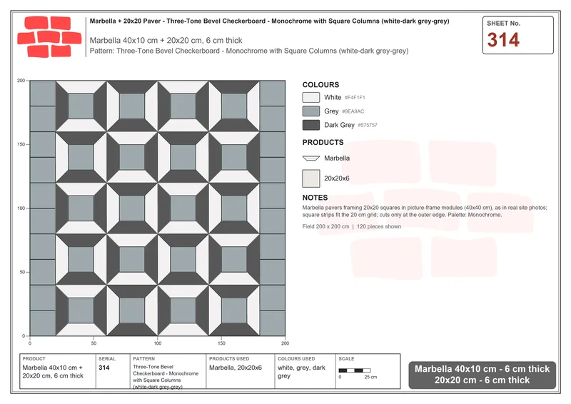 Interlock (Pasco) 40x10 cm · MAR-314 · Three-Tone Bevel Checkerboard - Monochrome with Square Columns (white-dark grey-grey) · Laying plan Interlock (Pasco) 40x10 cm · MAR-314 · Three-Tone Bevel Checkerboard - Monochrome with Square Columns (white-dark grey-grey) · Laying plan