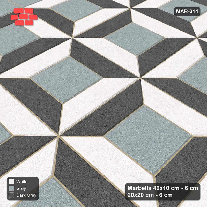 Interlock (Pasco) 40x10 cm · MAR-314 · Three-Tone Bevel Checkerboard - Monochrome with Square Columns (white-dark grey-grey) · Side view Interlock (Pasco) 40x10 cm · MAR-314 · Three-Tone Bevel Checkerboard - Monochrome with Square Columns (white-dark grey-grey) · Side view