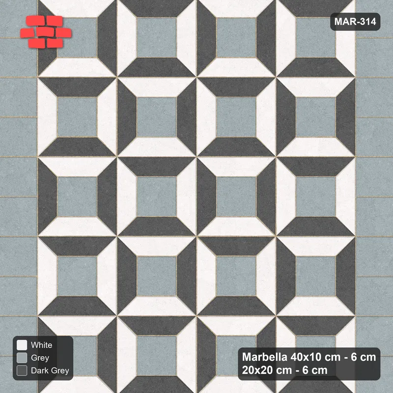 Interlock (Pasco) 40x10 cm · MAR-314 · Three-Tone Bevel Checkerboard - Monochrome with Square Columns (white-dark grey-grey) · Top view Interlock (Pasco) 40x10 cm · MAR-314 · Three-Tone Bevel Checkerboard - Monochrome with Square Columns (white-dark grey-grey) · Top view