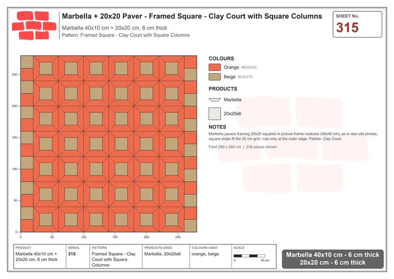 Interlock (Pasco) 40x10 cm · MAR-315 · Framed Square - Clay Court with Square Columns · Laying plan Interlock (Pasco) 40x10 cm · MAR-315 · Framed Square - Clay Court with Square Columns · Laying plan