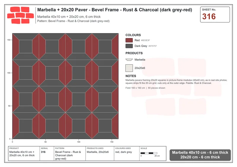 Interlock (Pasco) 40x10 cm · MAR-316 · Bevel Frame - Rust & Charcoal (dark grey-red) · Laying plan Interlock (Pasco) 40x10 cm · MAR-316 · Bevel Frame - Rust & Charcoal (dark grey-red) · Laying plan