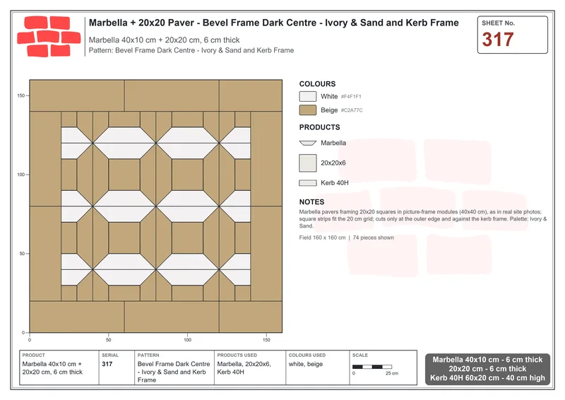 Interlock (Pasco) 40x10 cm · MAR-317 · Bevel Frame Dark Centre - Ivory & Sand and Kerb Frame · Laying plan Interlock (Pasco) 40x10 cm · MAR-317 · Bevel Frame Dark Centre - Ivory & Sand and Kerb Frame · Laying plan