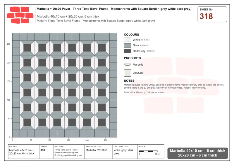 Interlock (Pasco) 40x10 cm · MAR-318 · Three-Tone Bevel Frame - Monochrome with Square Border (grey-white-dark grey) · Laying plan Interlock (Pasco) 40x10 cm · MAR-318 · Three-Tone Bevel Frame - Monochrome with Square Border (grey-white-dark grey) · Laying plan