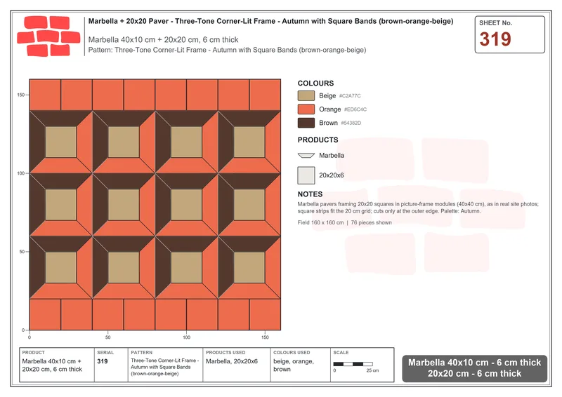 Interlock (Pasco) 40x10 cm · MAR-319 · Three-Tone Corner-Lit Frame - Autumn with Square Bands (brown-orange-beige) · Laying plan Interlock (Pasco) 40x10 cm · MAR-319 · Three-Tone Corner-Lit Frame - Autumn with Square Bands (brown-orange-beige) · Laying plan
