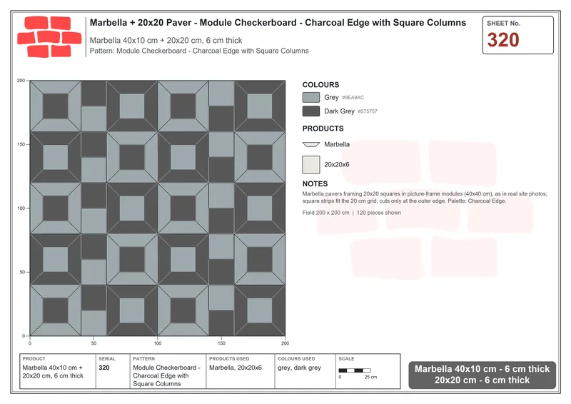 Interlock (Pasco) 40x10 cm · MAR-320 · Module Checkerboard - Charcoal Edge with Square Columns · Laying plan Interlock (Pasco) 40x10 cm · MAR-320 · Module Checkerboard - Charcoal Edge with Square Columns · Laying plan