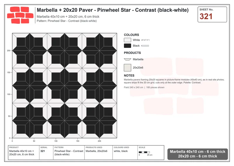 Interlock (Pasco) 40x10 cm · MAR-321 · Pinwheel Star - Contrast (black-white) · Laying plan Interlock (Pasco) 40x10 cm · MAR-321 · Pinwheel Star - Contrast (black-white) · Laying plan