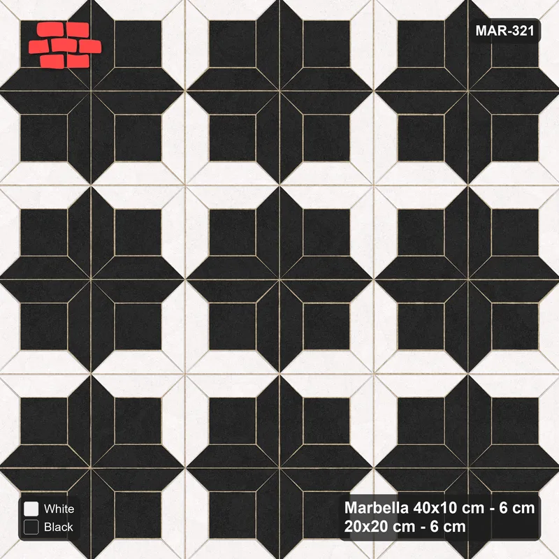 Interlock (Pasco) 40x10 cm · MAR-321 · Pinwheel Star - Contrast (black-white) · Top view Interlock (Pasco) 40x10 cm · MAR-321 · Pinwheel Star - Contrast (black-white) · Top view