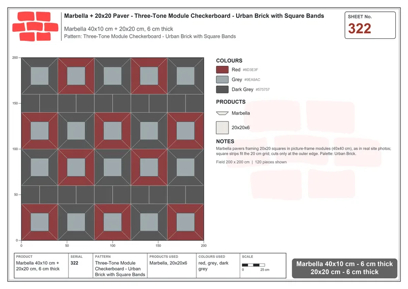 Interlock (Pasco) 40x10 cm · MAR-322 · Three-Tone Module Checkerboard - Urban Brick with Square Bands · Laying plan Interlock (Pasco) 40x10 cm · MAR-322 · Three-Tone Module Checkerboard - Urban Brick with Square Bands · Laying plan