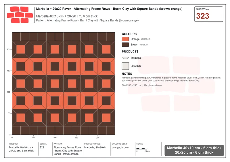 Interlock (Pasco) 40x10 cm · MAR-323 · Alternating Frame Rows - Burnt Clay with Square Bands (brown-orange) · Laying plan Interlock (Pasco) 40x10 cm · MAR-323 · Alternating Frame Rows - Burnt Clay with Square Bands (brown-orange) · Laying plan