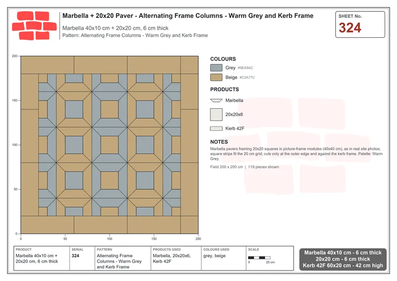 Interlock (Pasco) 40x10 cm · MAR-324 · Alternating Frame Columns - Warm Grey and Kerb Frame · Laying plan Interlock (Pasco) 40x10 cm · MAR-324 · Alternating Frame Columns - Warm Grey and Kerb Frame · Laying plan