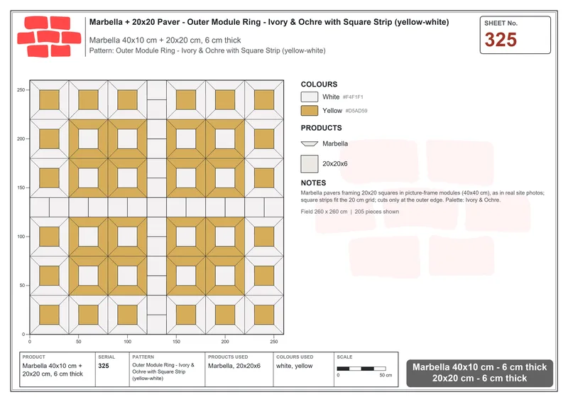 Interlock (Pasco) 40x10 cm · MAR-325 · Outer Module Ring - Ivory & Ochre with Square Strip (yellow-white) · Laying plan Interlock (Pasco) 40x10 cm · MAR-325 · Outer Module Ring - Ivory & Ochre with Square Strip (yellow-white) · Laying plan