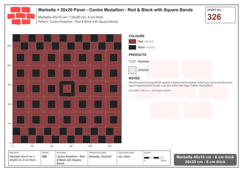 Interlock (Pasco) 40x10 cm · MAR-326 · Centre Medallion - Red & Black with Square Bands · Laying plan Interlock (Pasco) 40x10 cm · MAR-326 · Centre Medallion - Red & Black with Square Bands · Laying plan