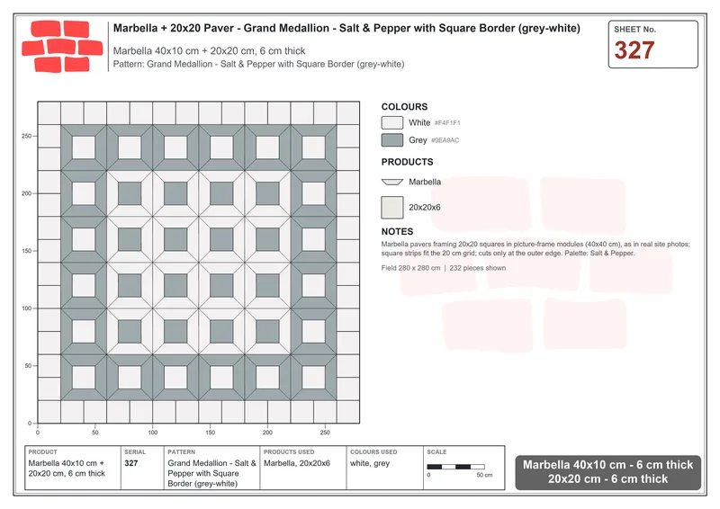 Interlock (Pasco) 40x10 cm · MAR-327 · Grand Medallion - Salt & Pepper with Square Border (grey-white) · Laying plan Interlock (Pasco) 40x10 cm · MAR-327 · Grand Medallion - Salt & Pepper with Square Border (grey-white) · Laying plan