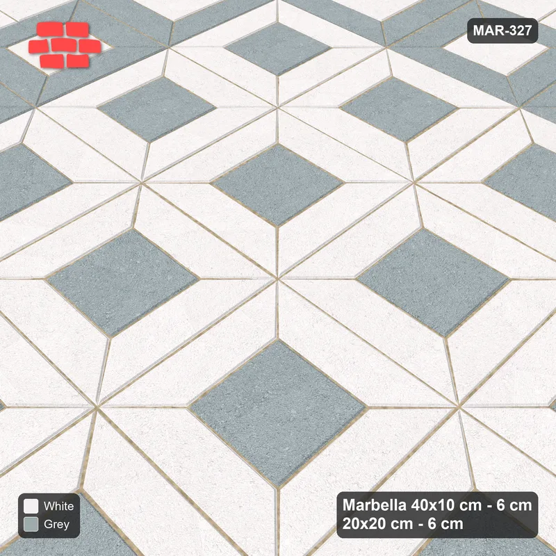 Interlock (Pasco) 40x10 cm · MAR-327 · Grand Medallion - Salt & Pepper with Square Border (grey-white) · Side view Interlock (Pasco) 40x10 cm · MAR-327 · Grand Medallion - Salt & Pepper with Square Border (grey-white) · Side view