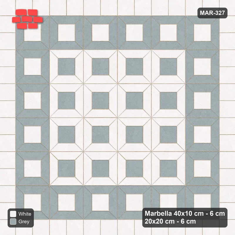 Interlock (Pasco) 40x10 cm · MAR-327 · Grand Medallion - Salt & Pepper with Square Border (grey-white) · Top view Interlock (Pasco) 40x10 cm · MAR-327 · Grand Medallion - Salt & Pepper with Square Border (grey-white) · Top view