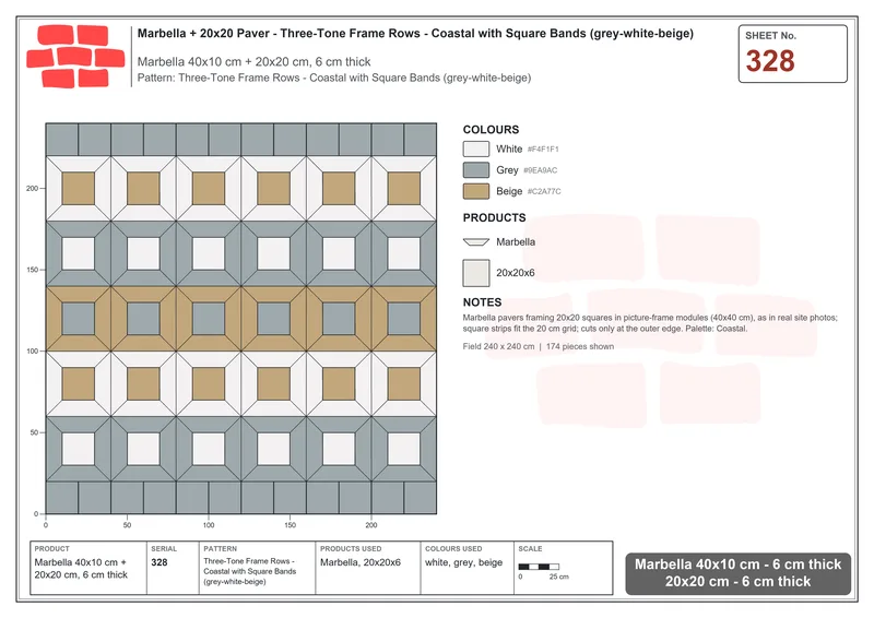 Interlock (Pasco) 40x10 cm · MAR-328 · Three-Tone Frame Rows - Coastal with Square Bands (grey-white-beige) · Laying plan Interlock (Pasco) 40x10 cm · MAR-328 · Three-Tone Frame Rows - Coastal with Square Bands (grey-white-beige) · Laying plan