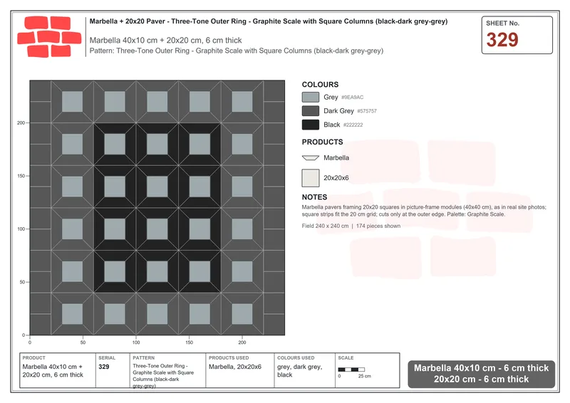 Interlock (Pasco) 40x10 cm · MAR-329 · Three-Tone Outer Ring - Graphite Scale with Square Columns (black-dark grey-grey) · Laying plan Interlock (Pasco) 40x10 cm · MAR-329 · Three-Tone Outer Ring - Graphite Scale with Square Columns (black-dark grey-grey) · Laying plan