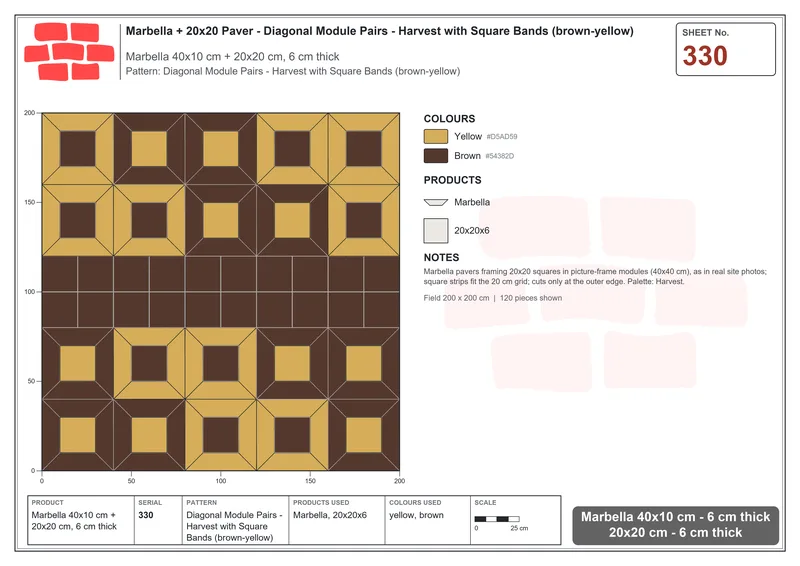 Interlock (Pasco) 40x10 cm · MAR-330 · Diagonal Module Pairs - Harvest with Square Bands (brown-yellow) · Laying plan Interlock (Pasco) 40x10 cm · MAR-330 · Diagonal Module Pairs - Harvest with Square Bands (brown-yellow) · Laying plan