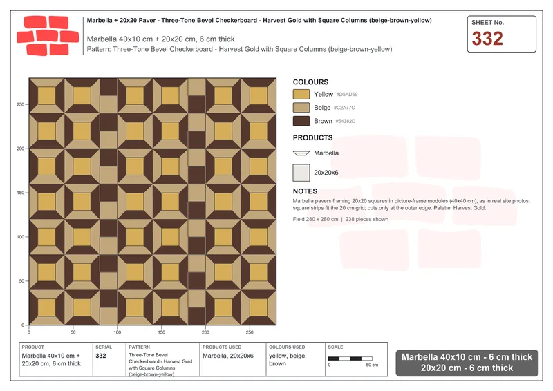 Interlock (Pasco) 40x10 cm · MAR-332 · Three-Tone Bevel Checkerboard - Harvest Gold with Square Columns (beige-brown-yellow) · Laying plan Interlock (Pasco) 40x10 cm · MAR-332 · Three-Tone Bevel Checkerboard - Harvest Gold with Square Columns (beige-brown-yellow) · Laying plan