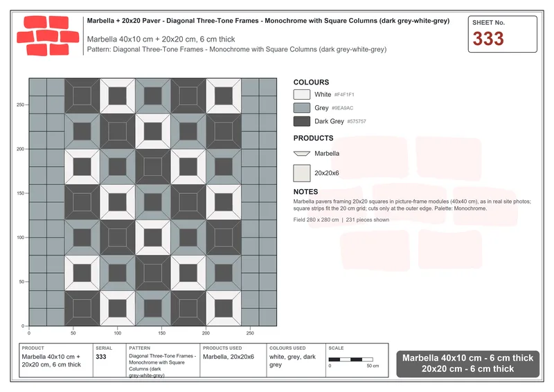 Interlock (Pasco) 40x10 cm · MAR-333 · Diagonal Three-Tone Frames - Monochrome with Square Columns (dark grey-white-grey) · Laying plan Interlock (Pasco) 40x10 cm · MAR-333 · Diagonal Three-Tone Frames - Monochrome with Square Columns (dark grey-white-grey) · Laying plan