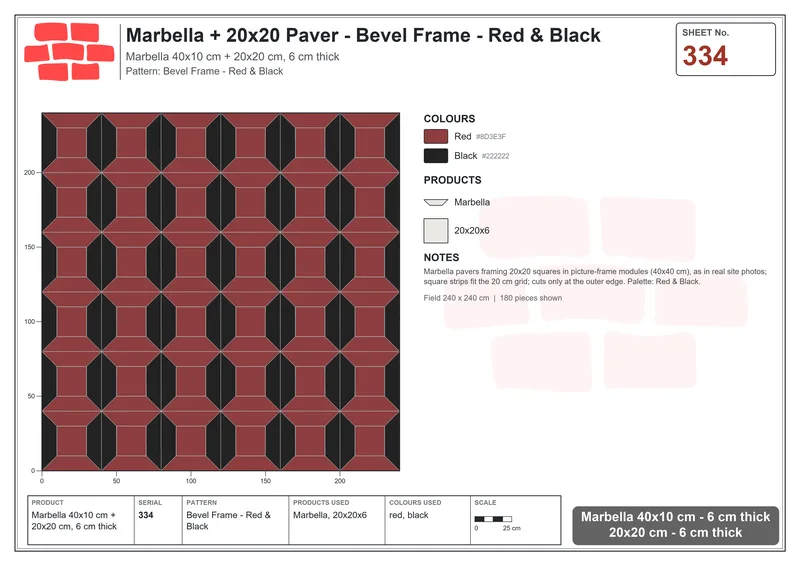 Interlock (Pasco) 40x10 cm · MAR-334 · Bevel Frame - Red & Black · Laying plan Interlock (Pasco) 40x10 cm · MAR-334 · Bevel Frame - Red & Black · Laying plan