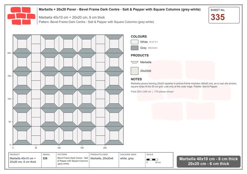 Interlock (Pasco) 40x10 cm · MAR-335 · Bevel Frame Dark Centre - Salt & Pepper with Square Columns (grey-white) · Laying plan Interlock (Pasco) 40x10 cm · MAR-335 · Bevel Frame Dark Centre - Salt & Pepper with Square Columns (grey-white) · Laying plan