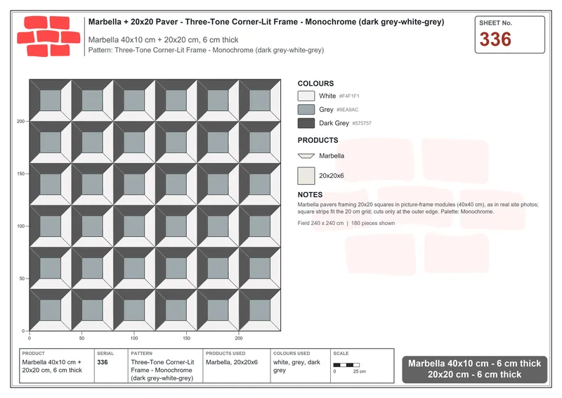 Interlock (Pasco) 40x10 cm · MAR-336 · Three-Tone Corner-Lit Frame - Monochrome (dark grey-white-grey) · Laying plan Interlock (Pasco) 40x10 cm · MAR-336 · Three-Tone Corner-Lit Frame - Monochrome (dark grey-white-grey) · Laying plan