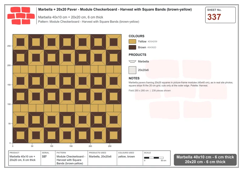 Interlock (Pasco) 40x10 cm · MAR-337 · Module Checkerboard - Harvest with Square Bands (brown-yellow) · Laying plan Interlock (Pasco) 40x10 cm · MAR-337 · Module Checkerboard - Harvest with Square Bands (brown-yellow) · Laying plan